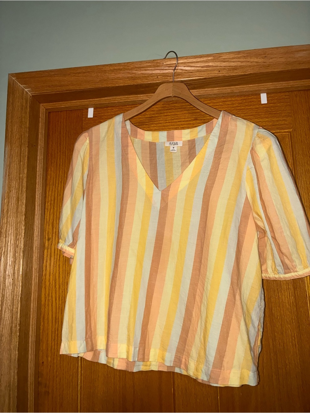 A.n.a Striped V-Neck Short Sleeve Top - Yellow & Peach